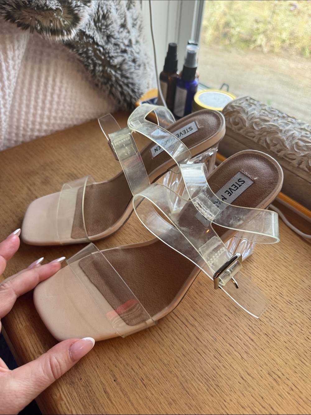 Steve Madden Nude Footbed Clear Strap Block Heels